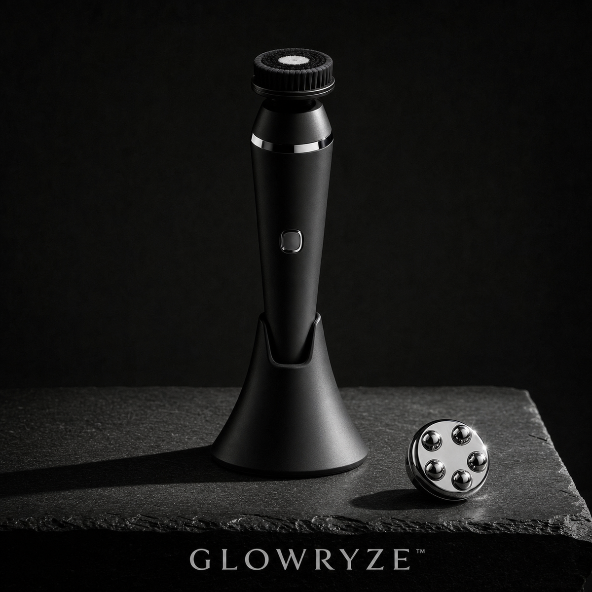 GLOWRYZE Clean Slate sonic facial cleansing brush in black with charging stand