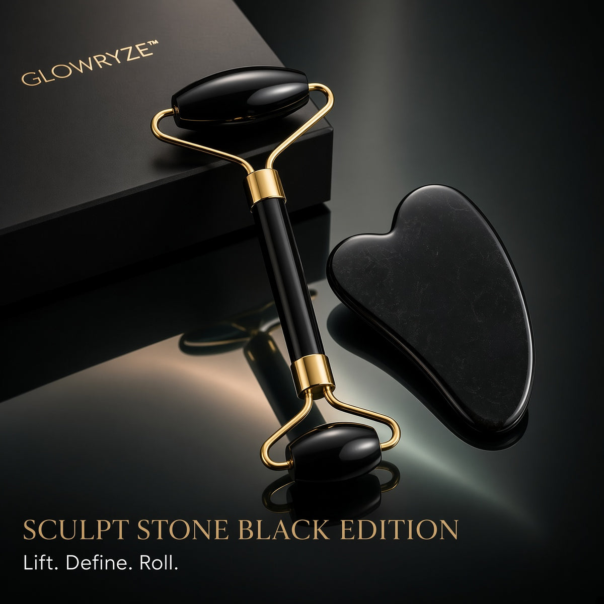 GLOWRYZE Roll & Release black facial roller and gua sha set for depuffing and lymphatic drainage