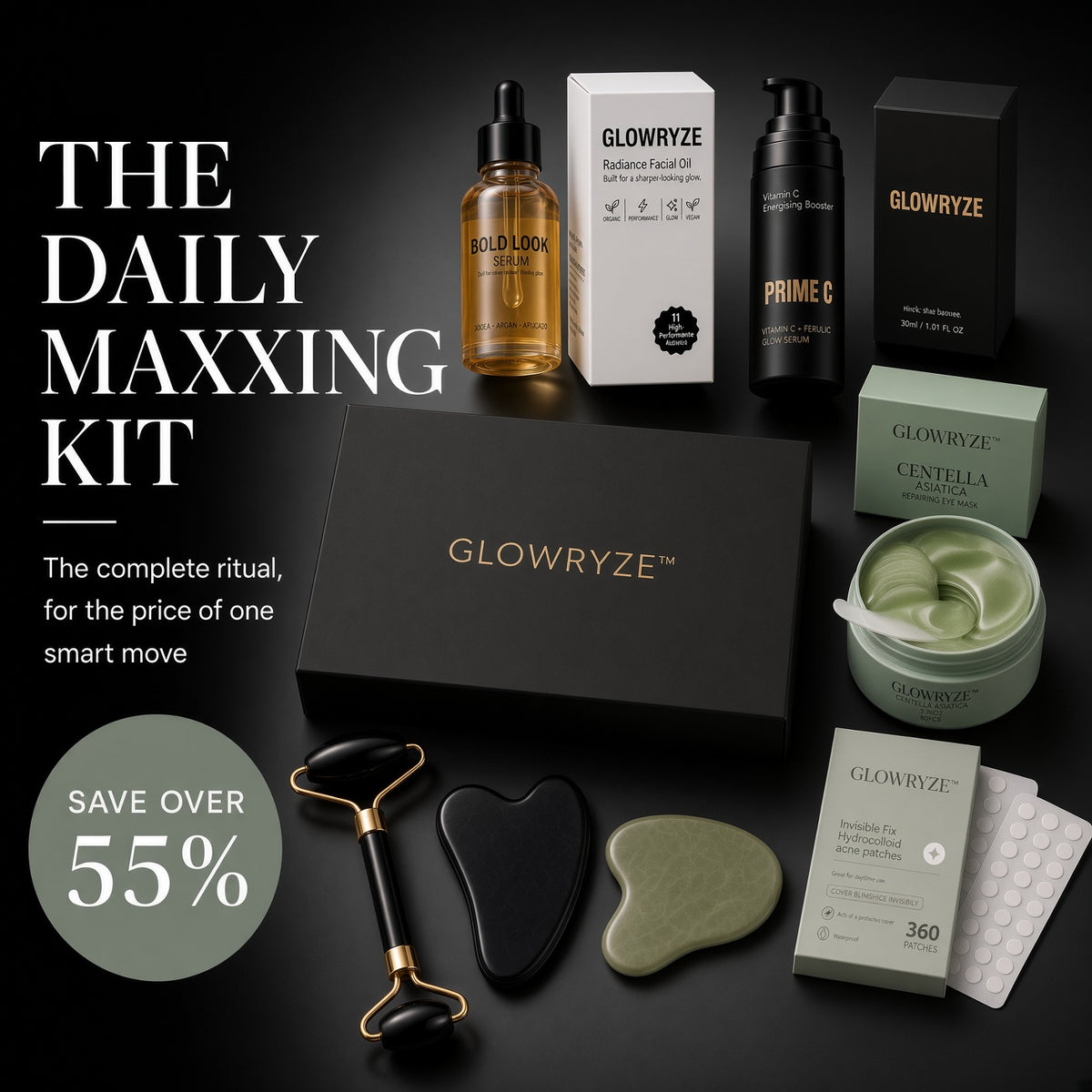 GLOWRYZE Daily Maxxing Kit men's skincare bundle with serum, oil, gua sha, roller, eye mask and pimple patches
