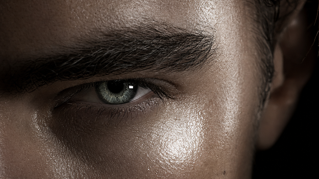 Close-up of a man's bright, awake under-eye area after using GLOWRYZE eye patches