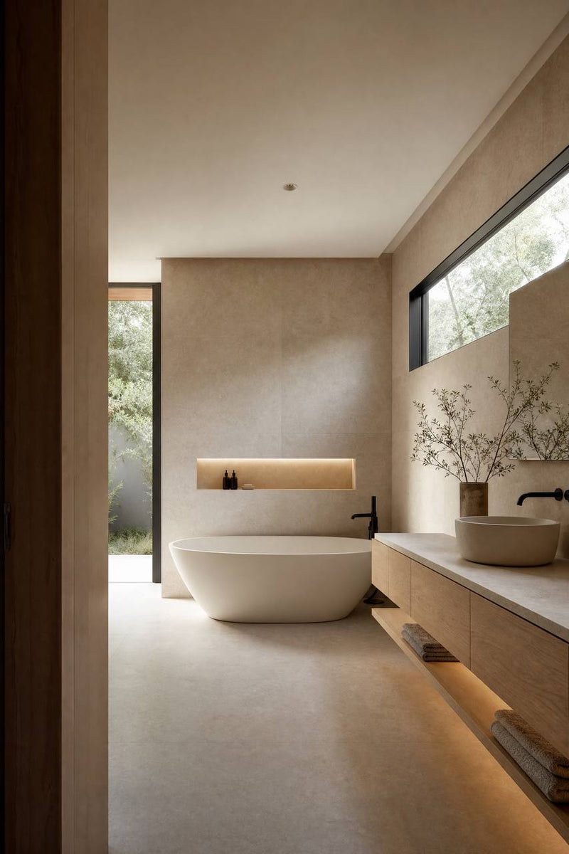 Minimalist bathroom with a freestanding tub and wood vanity, the calm setting for a daily ritual